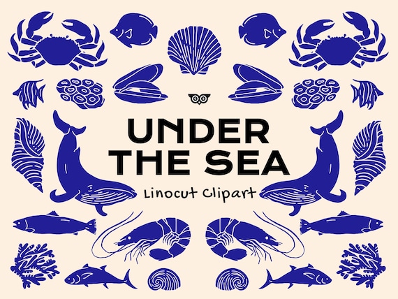 Under the Sea Linocut Clipart, Ocean PNG files, Vector Sea Creatures, Sea Shells SVG, Canva Linocut Marine Clip art