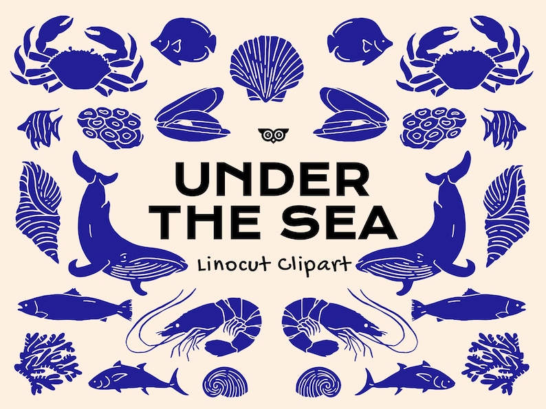 Puede incluir: Una colecci&oacute;n de ilustraciones de vida marina estilo linograbado azul sobre fondo crema, con cangrejos, peces, ballenas, camarones y conchas. El texto dice UNDER THE SEA Linocut Clipart con un peque&ntilde;o icono de b&uacute;ho centrado arriba.