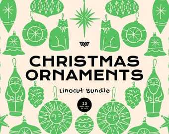 Christmas Ornaments Linocut Bundle, Clipart happy holidays, Ball Ball SVG, PNG Hanging Christmas decorations clip art, Silhouette christmas