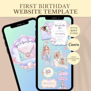 May include: A digital first birthday website template displayed on two smartphones, featuring a mermaid theme with pastel colors, photos of a child, a countdown timer, and text including One der the Sea, You've Been Invited, and Kindly RSVP.