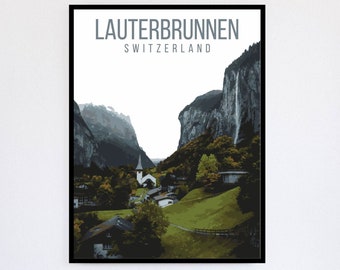 Cartel de viaje retro de los Alpes de Lauterbrunnen Suiza imprimible