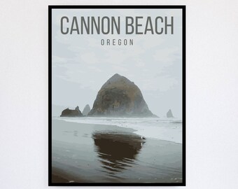 Cannon Beach Haystack Rock Oregon Ocean Retro Travel Poster Printable