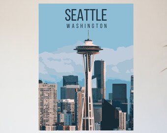 Seattle Washington Space Needle PNW Retro Travel Poster Dormitorio Imprimible