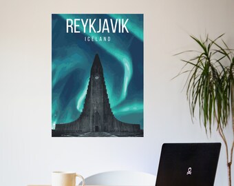 Cartel de viaje retro de Reykjavik Islandia