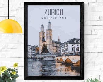 Cartel de viaje retro de Zurich Suiza imprimible