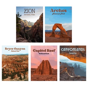 May include: A collage of six vintage-style posters featuring national parks in the United States. The posters feature scenic views of Zion National Park, Arches National Park, Bryce Canyon National Park, Capitol Reef National Park, and Canyonlands National Park.