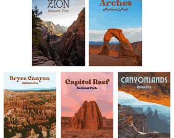 PARQUES NACIONALES DE UTAH Mighty 5 carteles de viaje imprimibles (Zion, Arches, Bryce Canyon, Canyonlands, Capitol Reef) Estilo retro, gran regalo