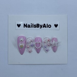 Pink Hearts Stars | Handmade Press on Nails| Reusable |