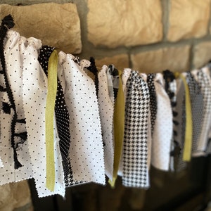 Farmhouse black white green rag tie garland, shabby chic garland, fabric and ribbon garland, buffalo print garland