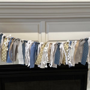 Neutral garland, beige, burlap, grey, blue, and white garland, farmhouse decor, shabby chic garland