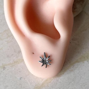 May include: A silver marijuana leaf stud earring. The earring is shown in a close-up image of a model's ear.