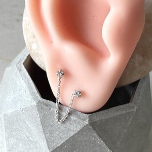 Sterling Silver Double Piercing Studs: CZ Gem Chain Earrings