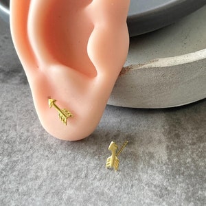 Puede incluir: Un par de pendientes de flecha de oro. Los pendientes son pequeños y delicados, y se muestran en la oreja de un maniquí. Los pendientes son una forma sencilla y elegante de añadir un toque de personalidad a cualquier atuendo.