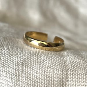 Può includere: Un orecchino a cerchio dorato in metallo. L'orecchino è semplice e ha una superficie liscia e arrotondata.