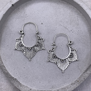 Antique Lotus Bali Earrings, Indian Design Hoops, Mandala Hoops, Chakra Earrings - Bali Hoops - Sterling Silver 925 (BA95)