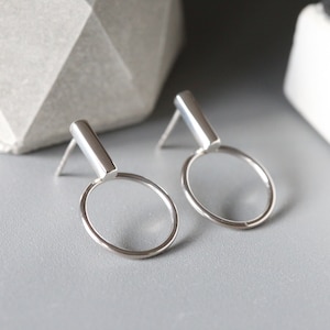 Sterling Silver Circle Drop Studs: Minimalist Geometric Earrings
