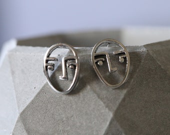 Abstract Face Ear Studs - Orecchini faccia astratti d'argento - Borchie Face Outline - Sterling Silver 925 (28)