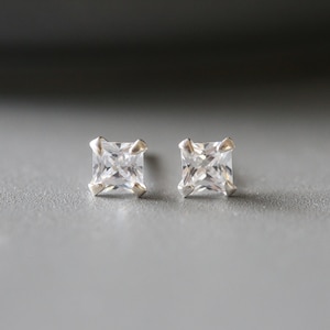 Square CZ Ear Studs - 4mm Silver CZ Earrings - Cubic Zirconia Studs - Sterling Silver 925 (150)