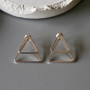 Silver Double Triangle Ear Jacket Studs - Silver Triangle Earrings - Geometric Studs - Sterling Silver 925 (248)