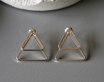 Silver Double Triangle Ear Jacket Studs - Silver Triangle Earrings - Geometric Studs - Sterling Silver 925 (248)