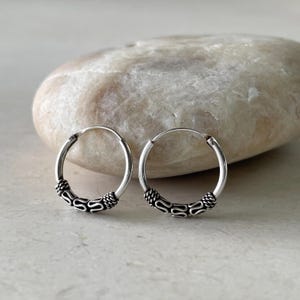 Sterling Silver Bali Hoop Earrings: Handmade Tribal Jewelry (14mm)