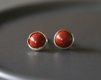 Sunstone Studs - Sterling Silver Stone Ear Studs - 6mm Stone Earrings - Real Stone Earrings -  Sterling Silver 925 (372)