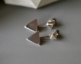 Silver Triangle Ear Jacket Studs - 10mm Silver Triangle Earrings - Geometric Studs - Sterling Silver 925 (344)