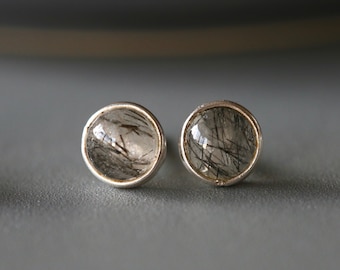 Black Rutilated Quartz Studs - Sterling Silver Stone Ear Studs - 6mm Stone Earrings - Real Stone Earrings -  Sterling Silver 925 (382)