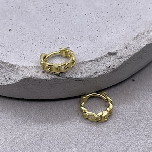 Gold Cuban Link Sterling Silver Huggie Hoops: Dainty Sleeper Earrings