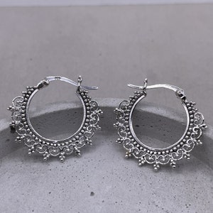 Sterling Silver Tribal Earrings, Indian Design Hoops, Mandala Hoops, Chakra Earrings, Bali Hoops, Sterling Silver 925 (BA104)