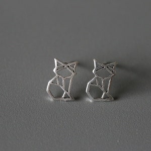 Origami Cat Studs - Silver Cat Ear Studs - Animal Earrings - Sterling Silver 925 (416)