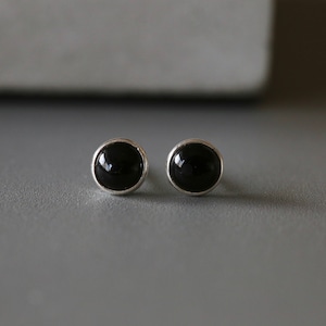 Black Onyx Studs - Sterling Silver Stone Ear Studs - 6mm Stone Earrings - Real Stone Earrings -  Sterling Silver 925 (373)