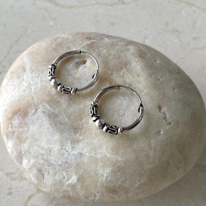 Handmade Sterling Silver Bali Hoop Earrings: Tribal Indian Jewelry (14mm)