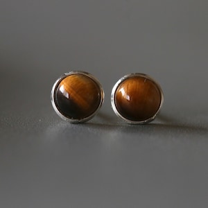 Tiger Eye Studs: 7mm Sterling Silver Stone Earrings