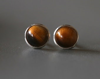 Tiger Eye Studs - Sterling Silver Stone Ear Studs - 7mm Stone Earrings - Real Stone Earrings -  Sterling Silver 925 (357)