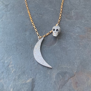 Silver And Micro Pave Moon And Skull/ Pinkish Gold a filled Chain