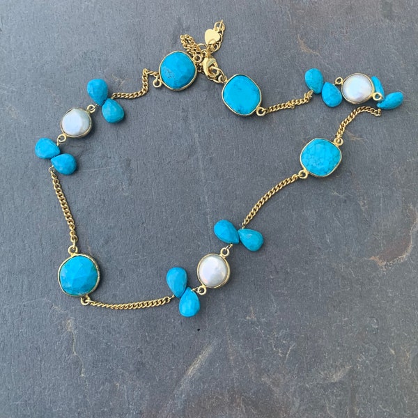 Turquoise Bezel/ White Pearl Bezel/ Turquoise Briolette/ 22k Gold Curb Chain Choker Necklace/ Hand Made / Women And Girls/