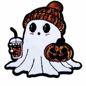 Large Sequined Ghost Patch: Chenille Pumpkin Iced Coffee Design