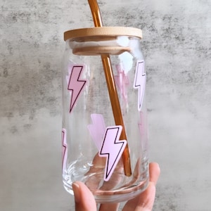 Lightning Bolt Iced Coffee Glass Cup Lid and Straw,Soda Can Glass,Aesthetic Beer Can Glass Cup for Iced Coffee,Boho Coffee Mug Glass cup