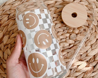 Checkered Smiley Iced Coffee Glass Cup,Aesthetic Checkered Glass,Retro Glass Can smiley ,Checkered Glass Cup,Coffee Glass Cup,Beer Can Glass