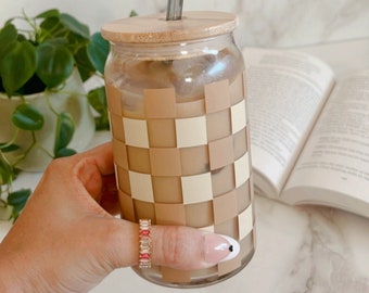 Retro Checkered Iced Coffee Glass Cup,Neutral Aesthetic Checkered Glass ,Black White Checkerboard Glass Cup,Coffee Glass Cup,Beer Can Glass