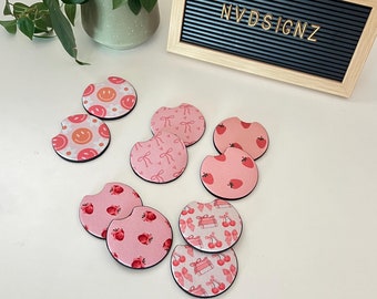 Retro Car Coasters,Set of 2 Pink Car Girly Coquette Coasters,Cute Strawberry Car Accessories,Cup Holder Coasters,Preppy Smiley Face Coaster
