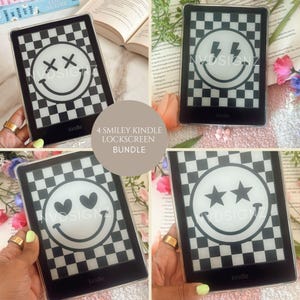 May include: A bundle of four Kindle e-readers, each featuring a different smiley face design on a black and white checkered background. The smiley faces include X's for eyes, lightning bolts, hearts, and stars. The text "4 Smiley Kindle Lockscreen Bundle" is also visible.
