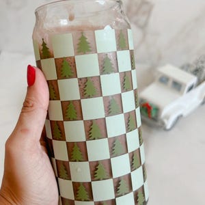 Retro Checkered Christmas Tree Cup,Aesthetic Checkered Glass,Groovy Checked Glass Can, Iced Coffee Glass Cup,Coffee Glass Cup,Beer Can Glass