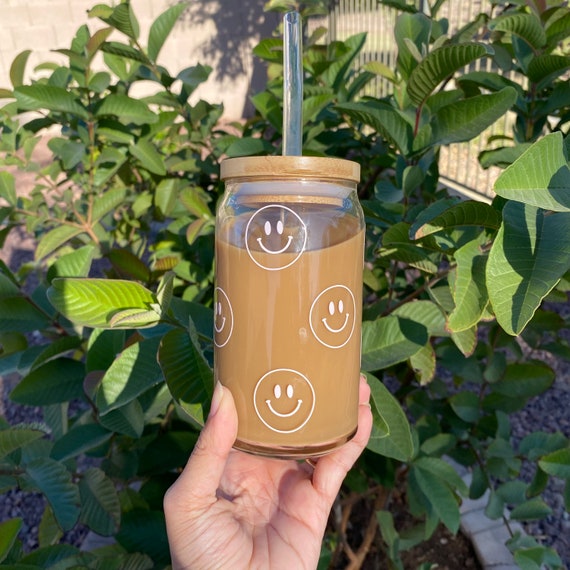 Happy Face Beer Glass Can,iced Coffee Glass Cup, Aesthetic Glass