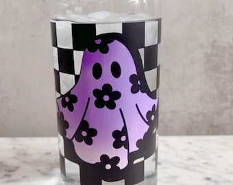 Cute Flying Retro Floral Ghost Color Changing,Halloween Cute Ghost Beer Can Glass Cup,Fall Ghost Iced Coffee Cup, Halloween Coffee Glass Cup