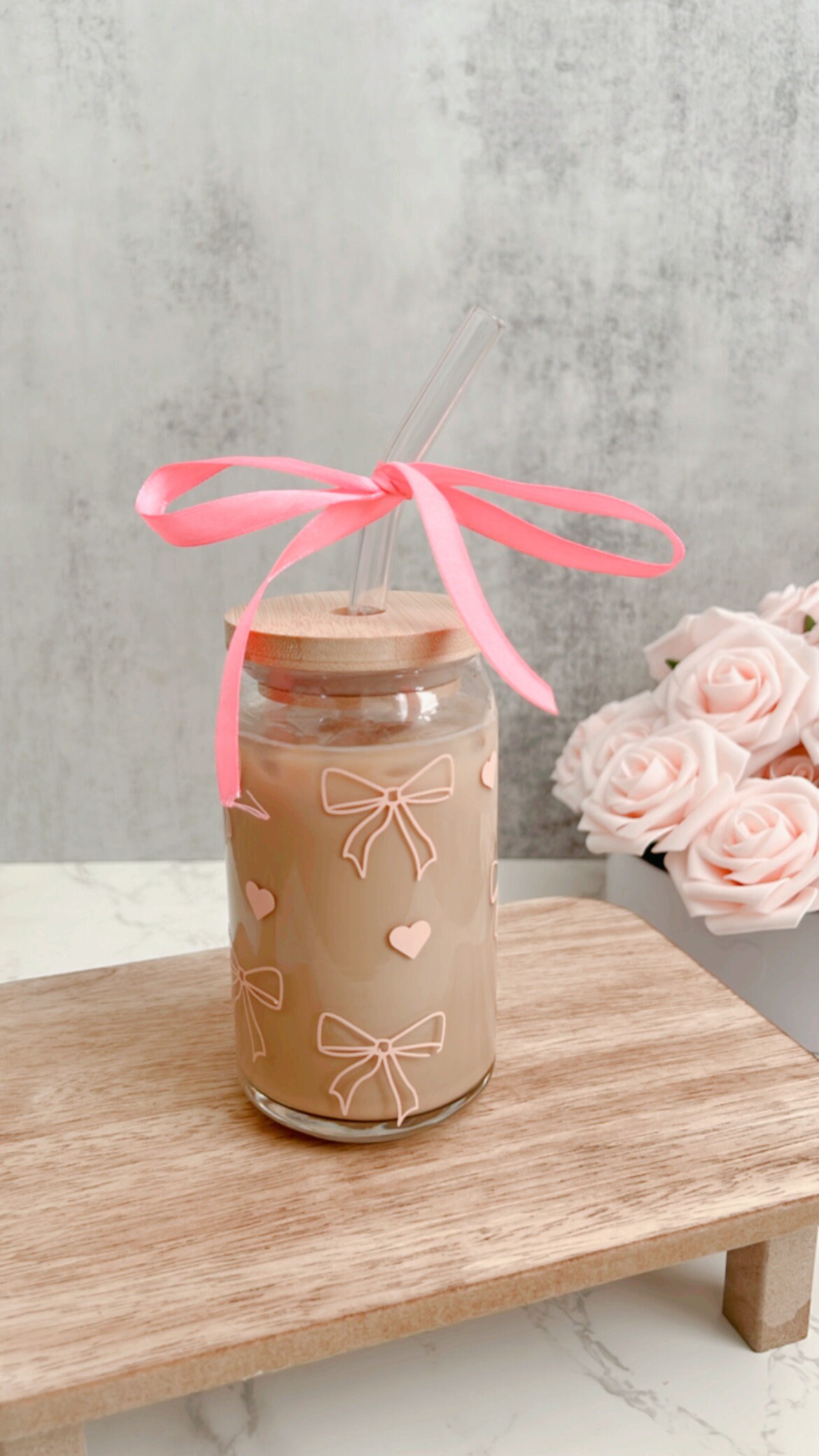 Pink Bow Glass Cup,coquette Iced Coffee Glass Cup,bow Glass Cup With ...