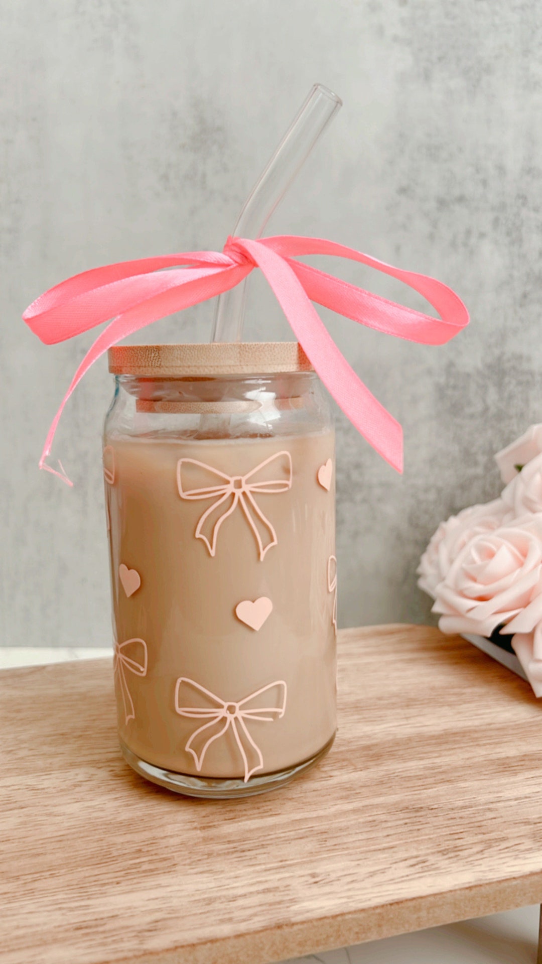 Pink Bow Glass Cup,coquette Iced Coffee Glass Cup,bow Glass Cup With ...