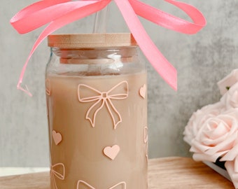 Pink Bow Glass Cup,Coquette Iced Coffee Glass Cup,Bow Glass Cup with Lid and Straw,Pink Girly Bow Beer Glass Can,Glass with Lid and Straw