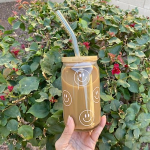 Smiley Face Beer Can Glass Cup,Happy Face Iced Coffee Glass Mug,Aesthetic Coffee Cup,Iced Coffee Glass Cup,Smiley Coffee Mug,Smiley Glass